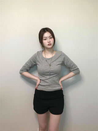 Simple U-Neck Ribbed Pigment Short Sleeve T-Shirt