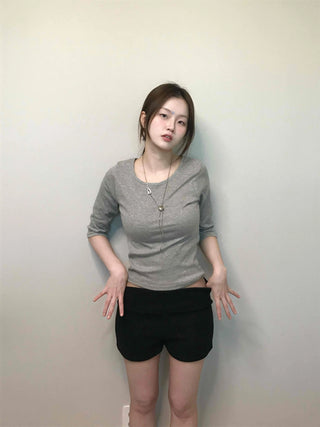 Simple U-Neck Ribbed Pigment Short Sleeve T-Shirt