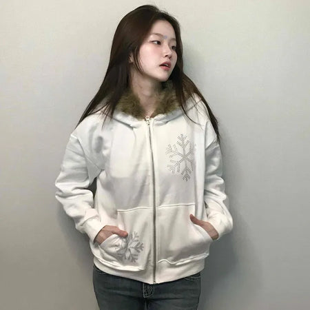 Snowflake Embroidered Zip-Up Hoodie