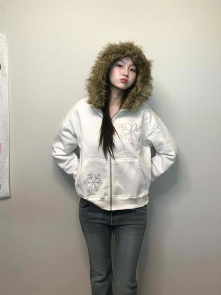 Snowflake Embroidered Zip-Up Hoodie