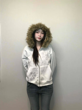 Snowflake Embroidered Zip-Up Hoodie
