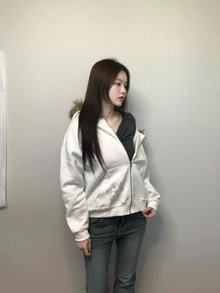 Snowflake Embroidered Zip-Up Hoodie