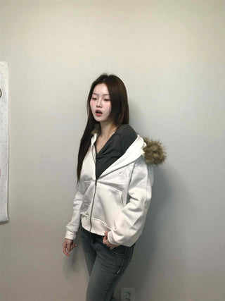 Snowflake Embroidered Zip-Up Hoodie