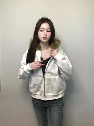 Snowflake Embroidered Zip-Up Hoodie