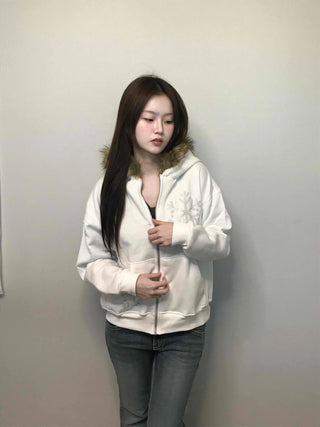 Snowflake Embroidered Zip-Up Hoodie