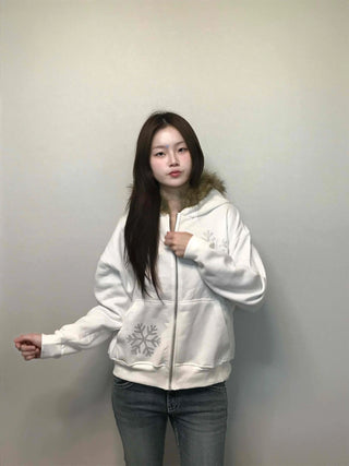Snowflake Embroidered Zip-Up Hoodie