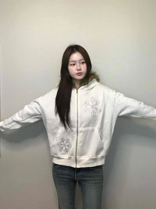 Snowflake Embroidered Zip-Up Hoodie