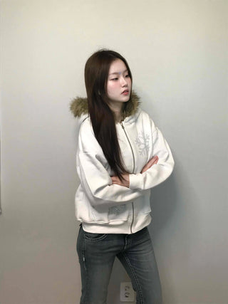 Snowflake Embroidered Zip-Up Hoodie