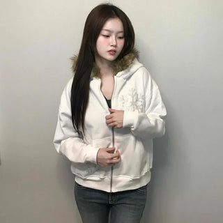 Snowflake Embroidered Zip-Up Hoodie