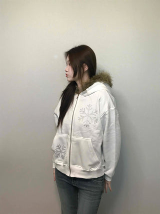 Snowflake Embroidered Zip-Up Hoodie