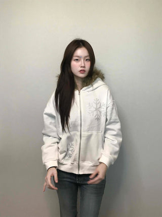 Snowflake Embroidered Zip-Up Hoodie