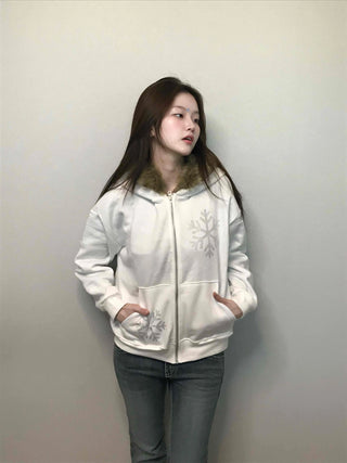 Snowflake Embroidered Zip-Up Hoodie