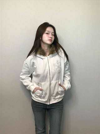 Snowflake Embroidered Zip-Up Hoodie