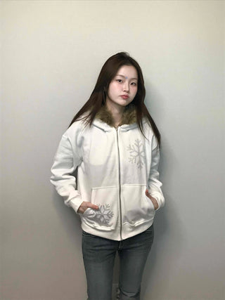 Snowflake Embroidered Zip-Up Hoodie
