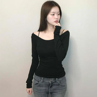 Cozy Puff Sleeve Twin Round Neck Ribbed Long Sleeve T-shirt