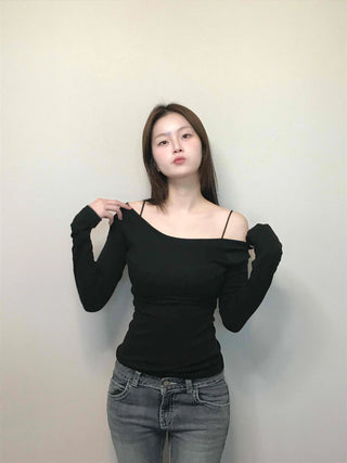 Cozy Puff Sleeve Twin Round Neck Ribbed Long Sleeve T-shirt