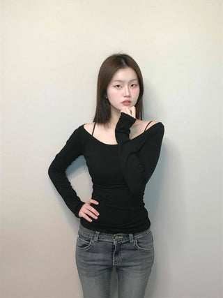 Cozy Puff Sleeve Twin Round Neck Ribbed Long Sleeve T-shirt