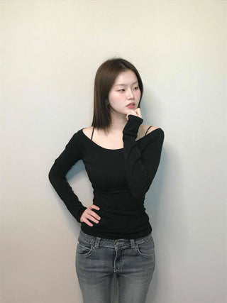 Cozy Puff Sleeve Twin Round Neck Ribbed Long Sleeve T-shirt