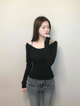 Cozy Puff Sleeve Twin Round Neck Ribbed Long Sleeve T-shirt