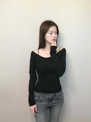 Cozy Puff Sleeve Twin Round Neck Ribbed Long Sleeve T-shirt