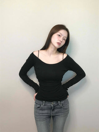 Cozy Puff Sleeve Twin Round Neck Ribbed Long Sleeve T-shirt