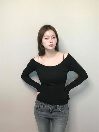 Cozy Puff Sleeve Twin Round Neck Ribbed Long Sleeve T-shirt