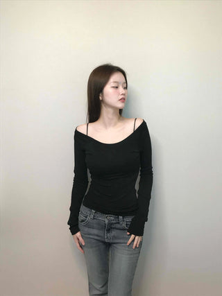 Cozy Puff Sleeve Twin Round Neck Ribbed Long Sleeve T-shirt