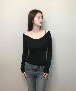 Cozy Puff Sleeve Twin Round Neck Ribbed Long Sleeve T-shirt
