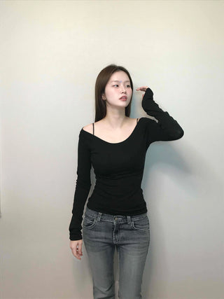 Cozy Puff Sleeve Twin Round Neck Ribbed Long Sleeve T-shirt