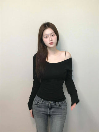 Cozy Puff Sleeve Twin Round Neck Ribbed Long Sleeve T-shirt