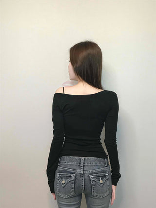 Cozy Puff Sleeve Twin Round Neck Ribbed Long Sleeve T-shirt