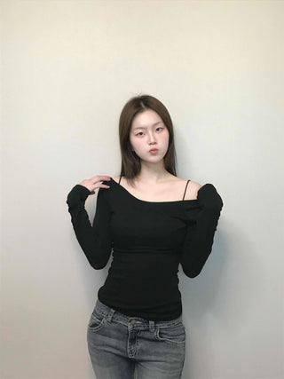 Cozy Puff Sleeve Twin Round Neck Ribbed Long Sleeve T-shirt