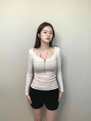 Sexy Slim Fit Zip-up U-Neck Long Sleeve T-Shirt