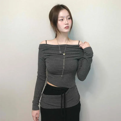 Sexy Off-Shoulder Slim Fit Crop Long Sleeve T-Shirt