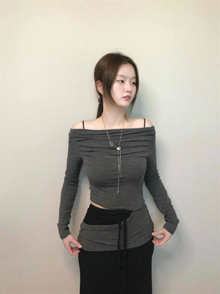 Sexy Off-Shoulder Slim Fit Crop Long Sleeve T-Shirt