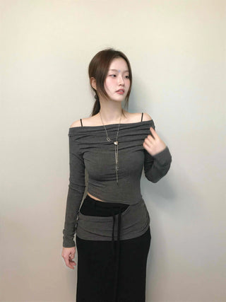 Sexy Off-Shoulder Slim Fit Crop Long Sleeve T-Shirt