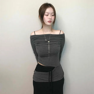Sexy Off-Shoulder Slim Fit Crop Long Sleeve T-Shirt