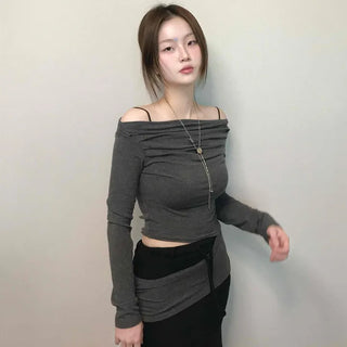 Sexy Off-Shoulder Slim Fit Crop Long Sleeve T-Shirt