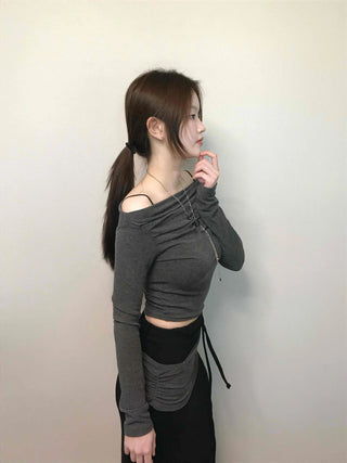 Sexy Off-Shoulder Slim Fit Crop Long Sleeve T-Shirt