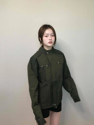 Military Cargo Pocket Oversized Zip-Up Jumper