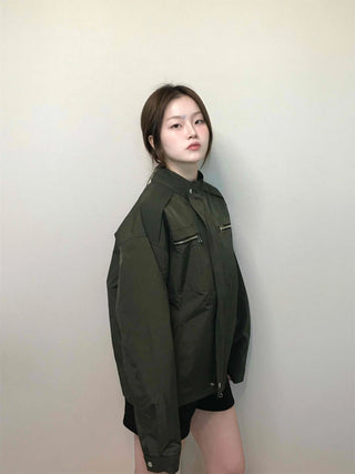 Military Cargo Pocket Oversized Zip-Up Jumper