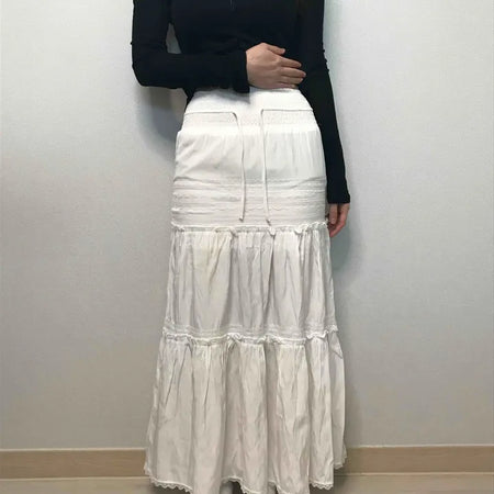 Drawstring Volume Tiered Maxi Long Skirt