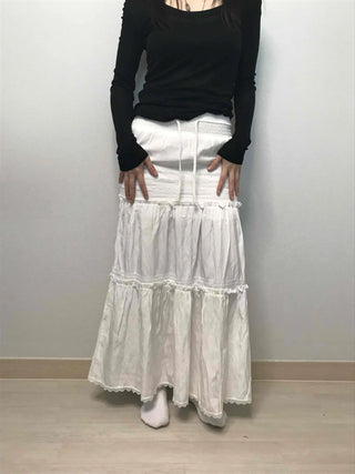 Drawstring Volume Tiered Maxi Long Skirt
