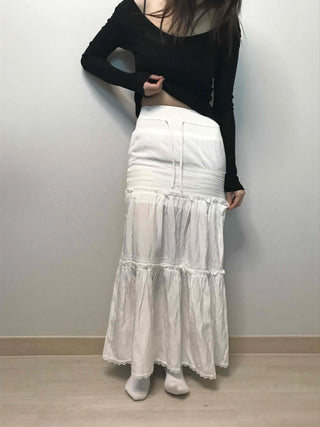 Drawstring Volume Tiered Maxi Long Skirt