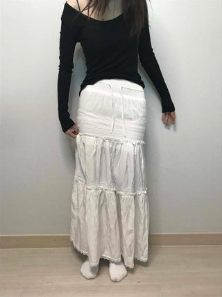 Drawstring Volume Tiered Maxi Long Skirt