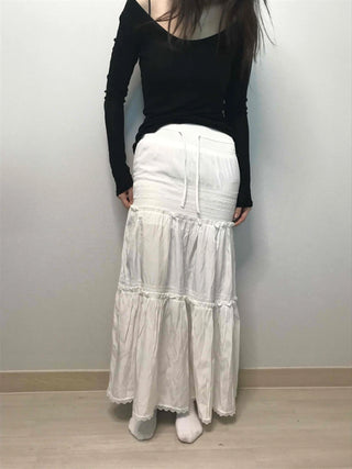 Drawstring Volume Tiered Maxi Long Skirt