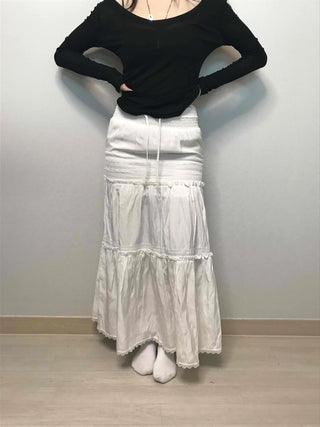 Drawstring Volume Tiered Maxi Long Skirt