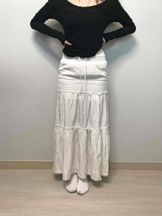 Drawstring Volume Tiered Maxi Long Skirt