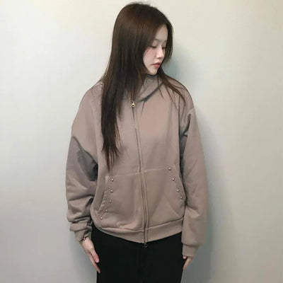 Gold Button Detail Turtleneck Loose Fit Zip-up