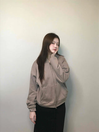 Gold Button Detail Turtleneck Loose Fit Zip-up